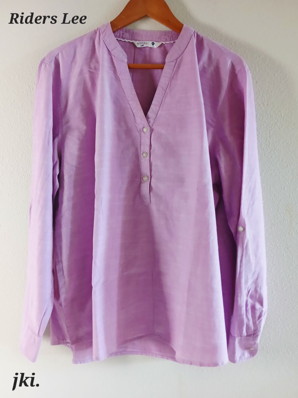 Riders Lee Women's Blouse Roll-up Sleves  Lilac Button-up V-Neck Tunic